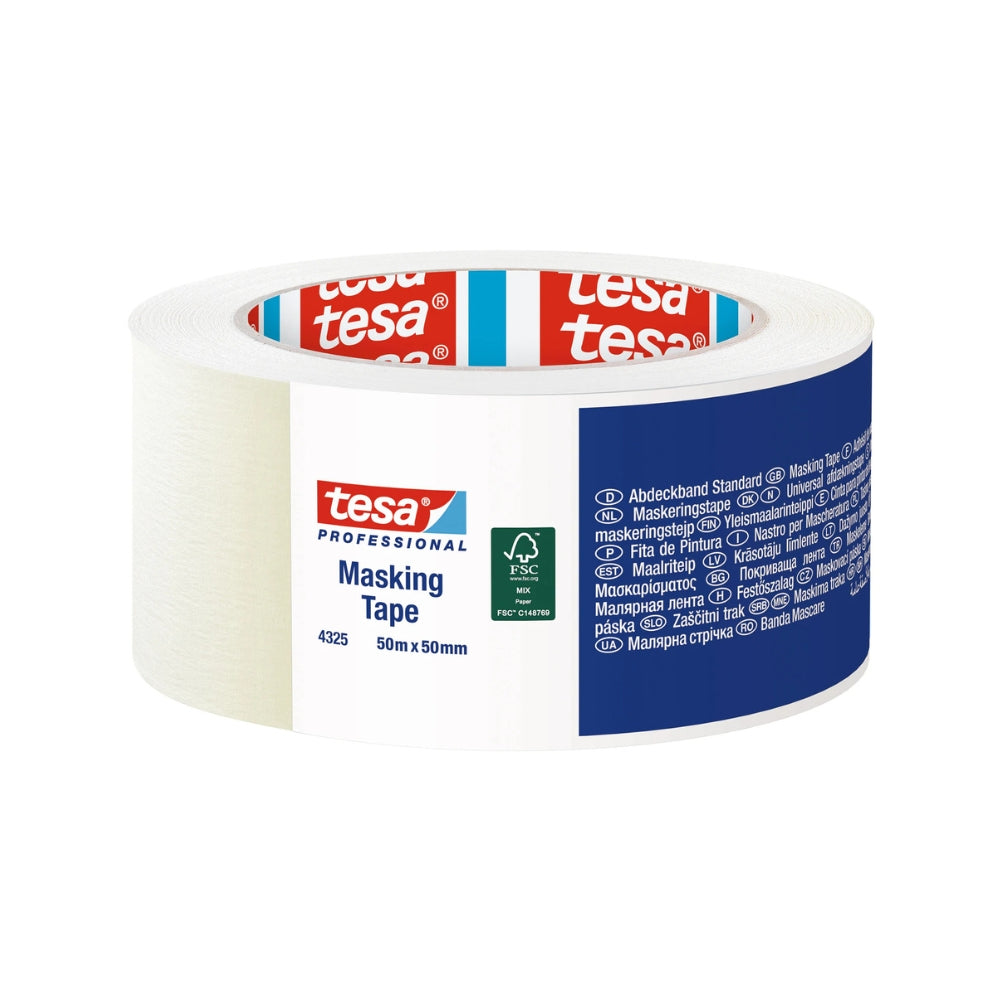 tesa® 4325 Abdeckband Basic – Standard-Malerband für Innenbereich, Naturkautschuk, leicht gekreppt, beige