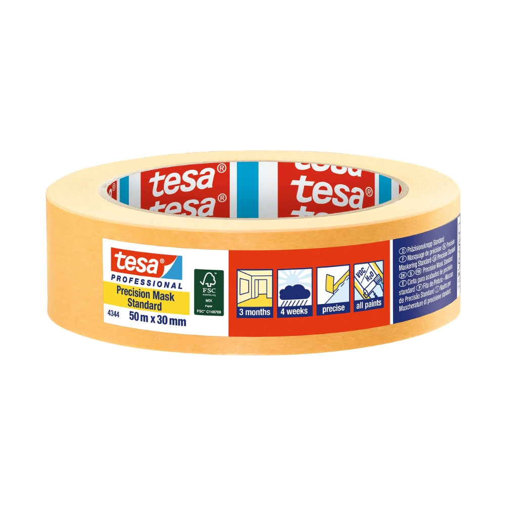 tesa® Professional 4344 Präzisionskrepp Standard – Flaches Abdeckband für saubere Farb- und Lackkanten im Innenbereich